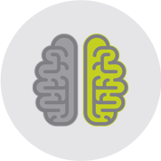 who_we_are_process_3 Gray and green brain lobes in a light gray circle icon