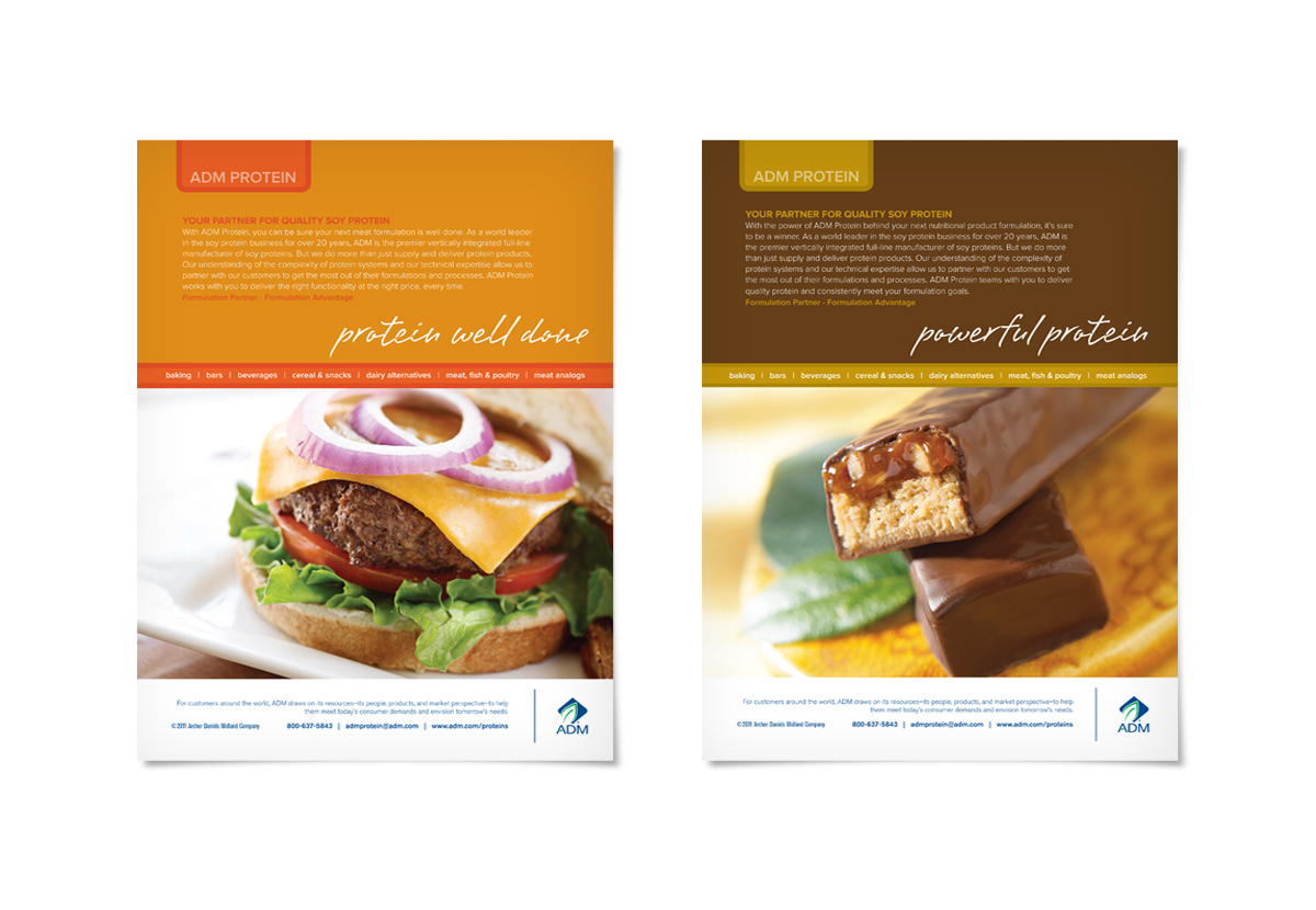 ADM Protein ads ADM Protein ads with hamburger and bars