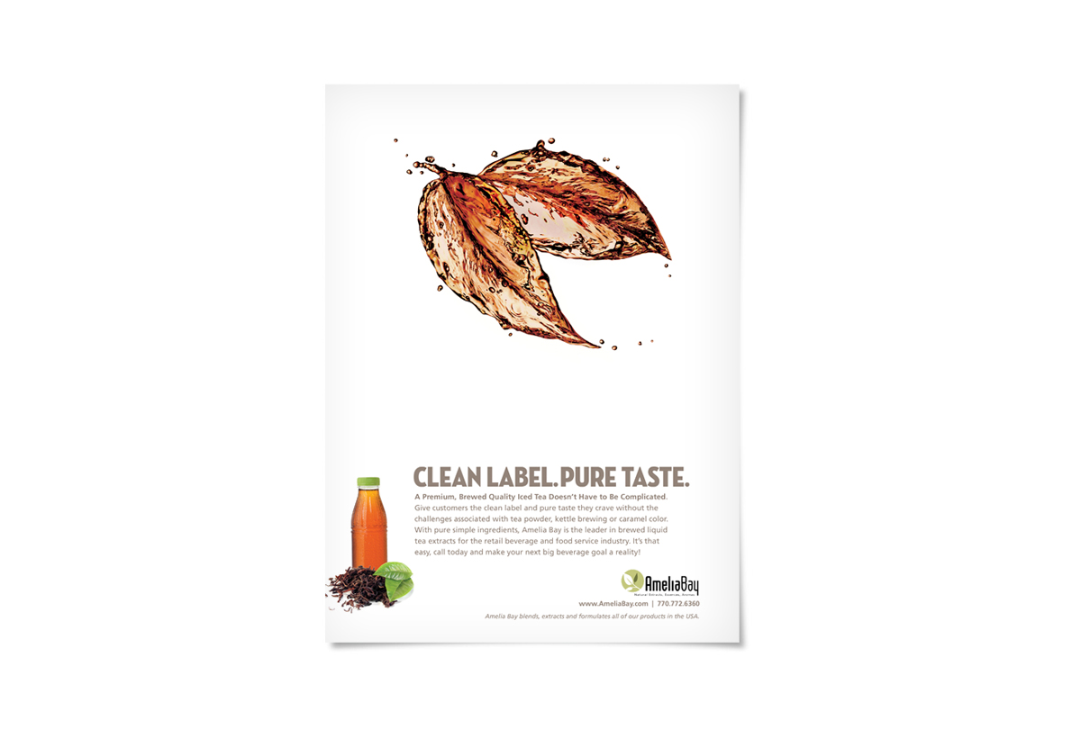 Amelia Bay print ad with leaf made of tea