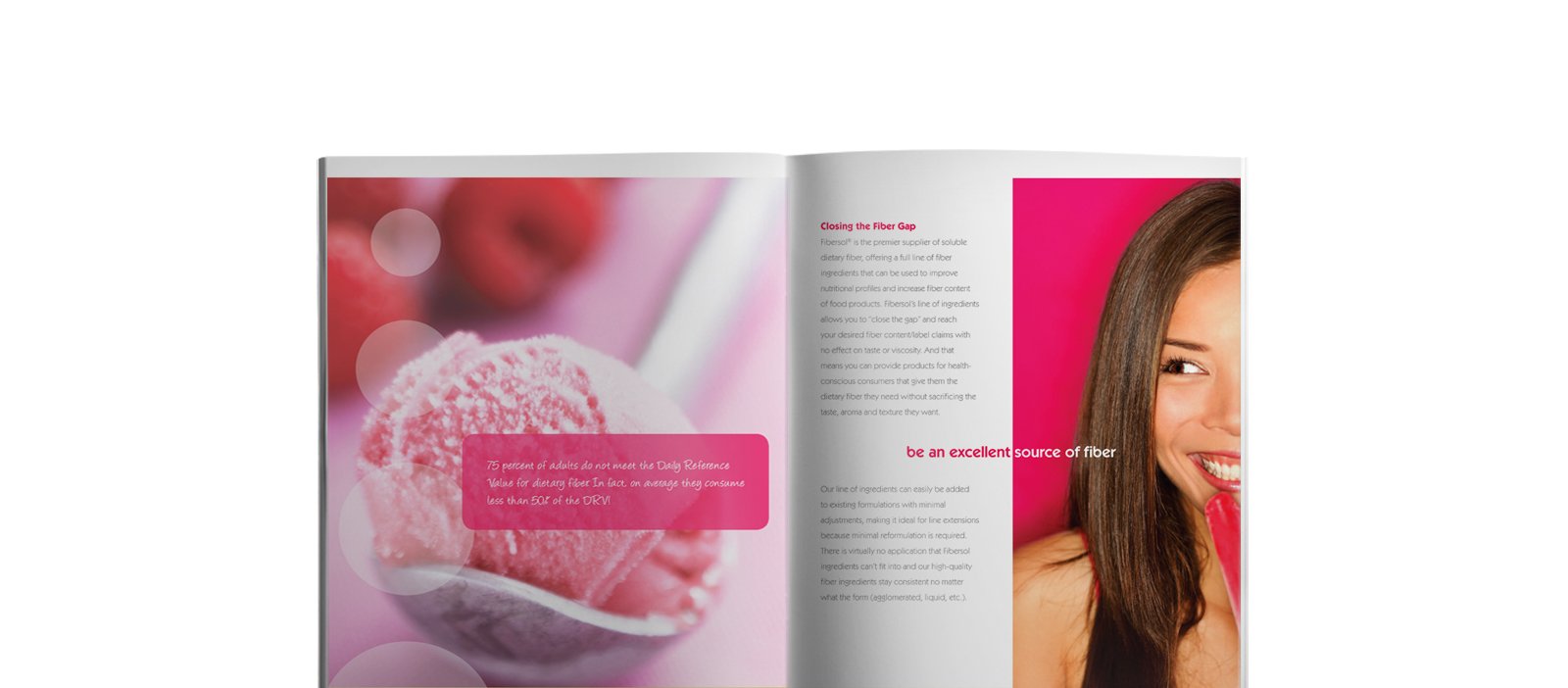 Fibersol® brochure open to page with ice cream and happy female customer