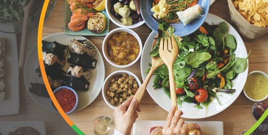 overhead view of table with food