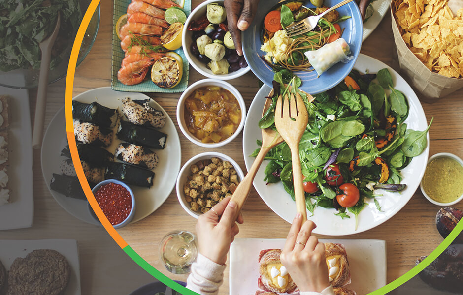 overhead view of table with food