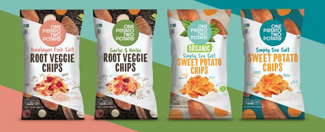four potato chip bags on a background