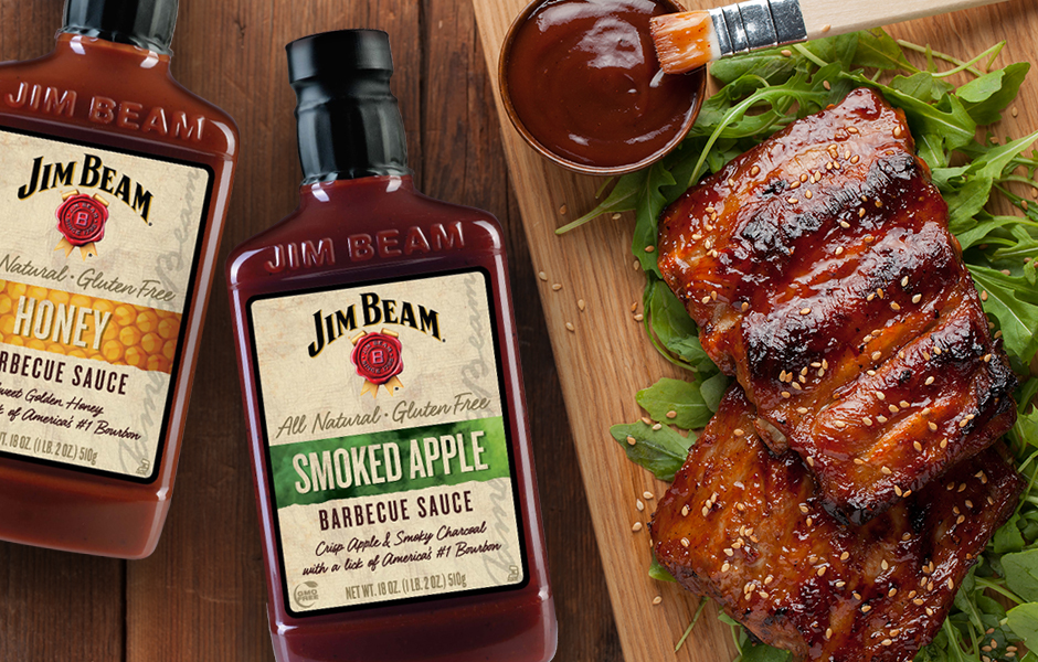 Jim Beam barbecue sauce bottles with ribs