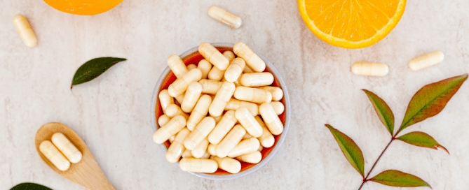 arial view of pills in bowl on table