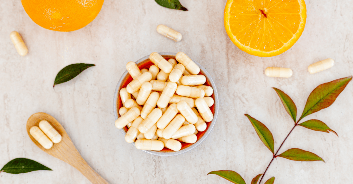 arial view of pills in bowl on table