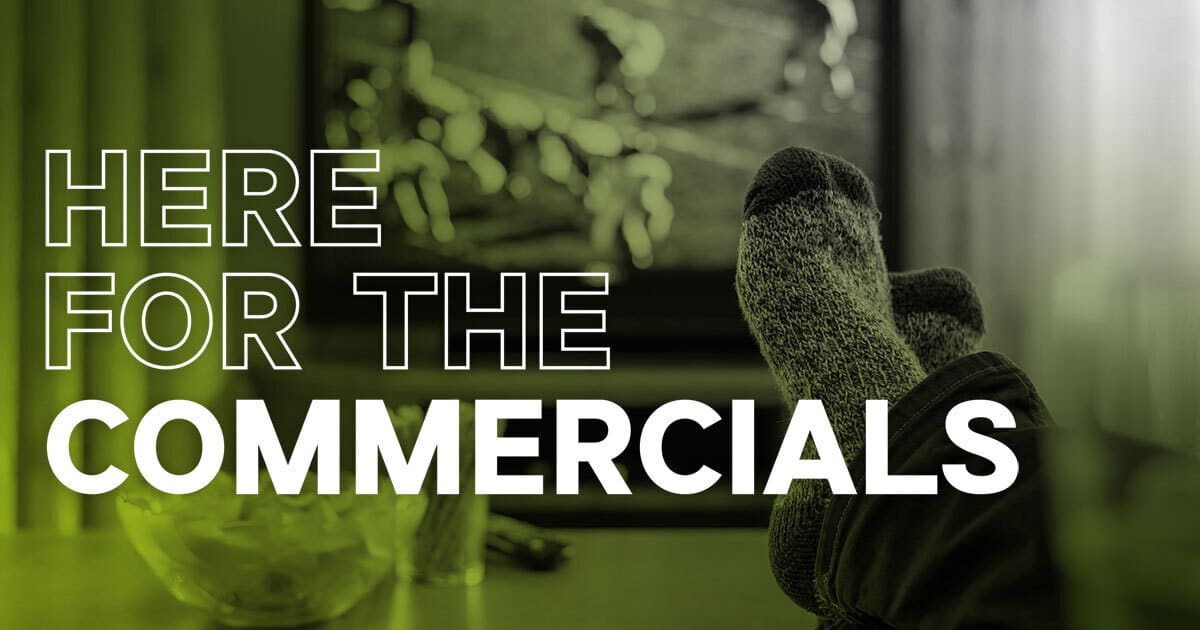 socks infront of a tv with "Here for the commercials" text